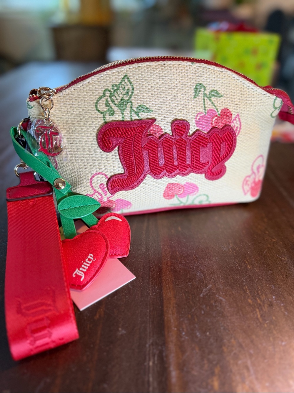 Juicy Couture Cream Canvas Cherry Wristlet with Charms